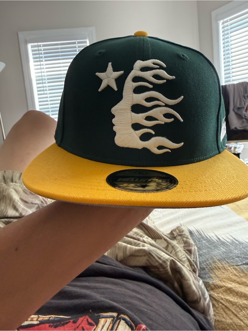Hellstar 7 1/4 Green and Yellow Flat-Brim Snapback Hat with Embroidered Flame